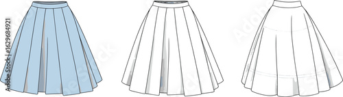  Flared skirt technical flat, front and back view, pleated hem, waistband design, digital fashion sketch, vector garment illustration for apparel designers