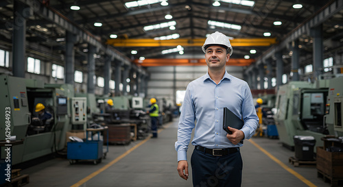 A confident male engineer or manager in a hard hat, carrying a digital tablet, inspects operations while walking through a large, modern industrial manufacturing facility. Ideal for concepts of