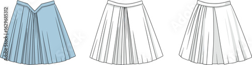 Pleated A-line skirt technical flat, front and back view, fashion illustration, waistband detail, digital garment sketch, vector clothing design.