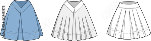  Pleated school skirt technical flat, front and back view, V-yoke waistband, fashion sketch, clothing design template, vector garment drawing for.