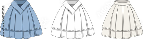 School uniform pleated skirt technical flat, front and back view, V-waistband detail, fashion design sketch, vector garment illustration