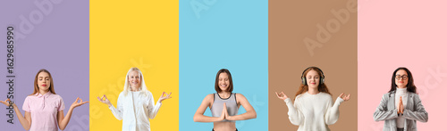 Set of meditating women on ...