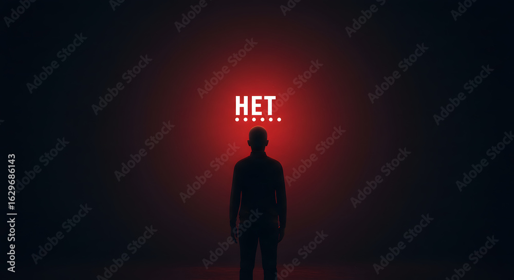 Fototapeta premium Het man silhouette dark red background light figure standing mystery shadow person human shape concept