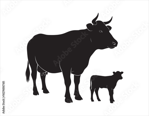 Silhouettes of a vector cow and calf isolated on a white background, suitable for farms, grocery stores, packaging, and branding purposes.