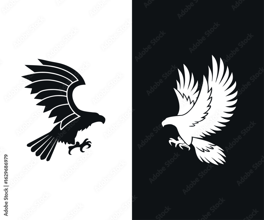 Obraz premium Contrasting Eagle Silhouettes in Attack Pose Bold Black & White Variations