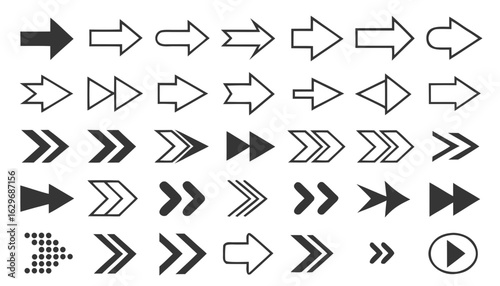 Collection of diverse arrow icons and symbols isolated on transparent background