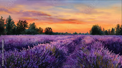 A watercolor painting of a tranquil lavender field at sunset