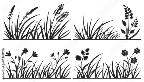 Collection of stylized grass and wildflower silhouettes isolated on transparent background
