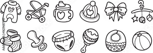 Baby Care and Toy Doodle Set – Bottle, Rattle, Hat, Pacifier, Infant, Child, Toy, Feeding, Hand Drawn, Sketch, Vector, Cute, Baby Items, Nursery, Milk, Cartoon, Icon Pack