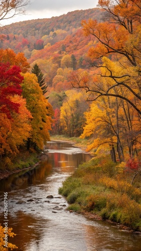 Scenic river winding through vibrant autumn forest landscape