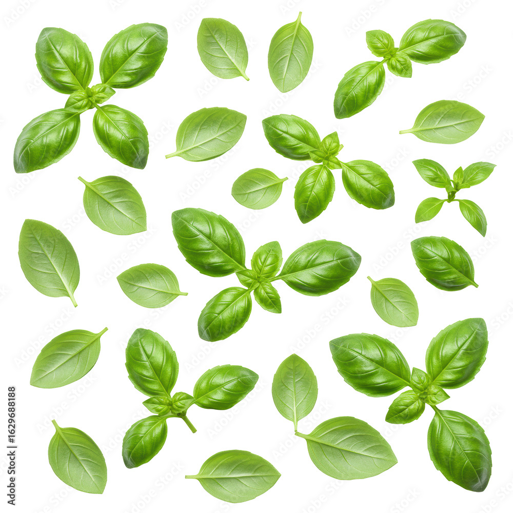Fresh, vivid green basil leaves, unblemished, in clusters and sprigs, isolated on a transparent background with ample negative space, overhead flat lay, concept of culinary freshness Fresh, vivid green basil leaves, unblemished, in clusters and sprigs, isolated on a transparent background with ample negative space, overhead flat lay, concept of culinary freshness