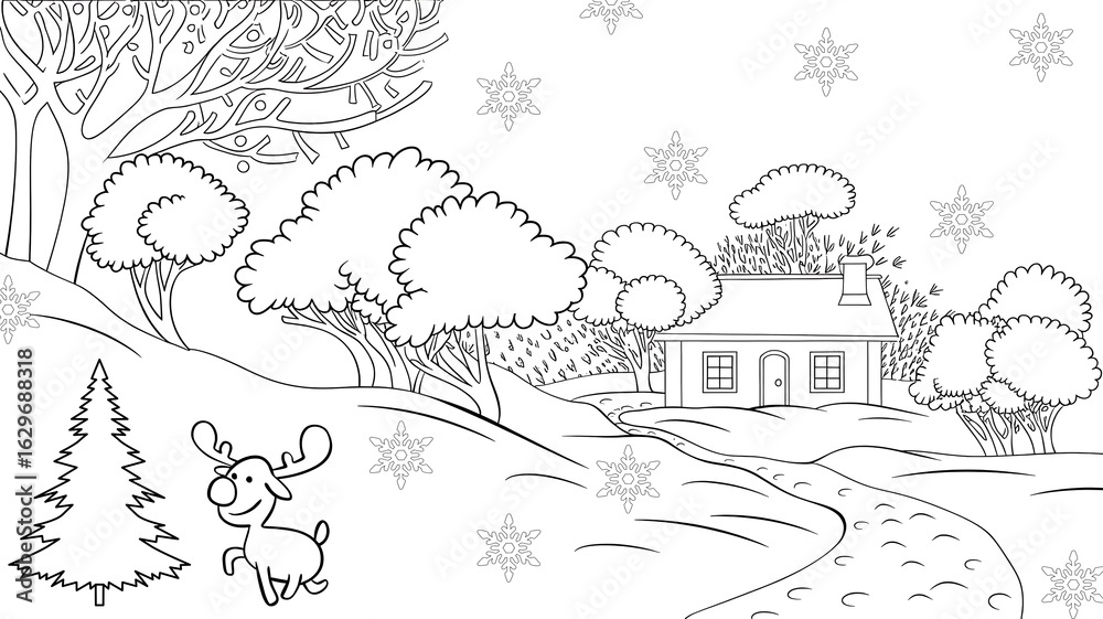 Naklejka premium Black and white coloring illustration of a snowy landscape with a house.