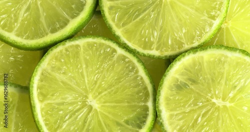 Lime slices close-up on a rotating table, top view.
