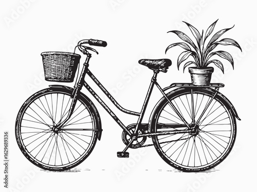 Vintage bicycle with wicker basket and potted plant on rear rack detailed illustration