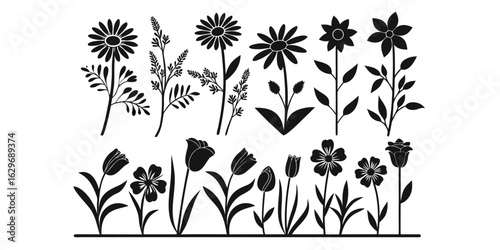 Minimalist Flower Icon Set – Cute Floral Vector Collection on Transparent Background.