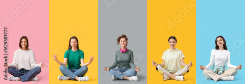 Set of meditating women on ...