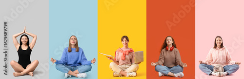 Set of meditating young gir...