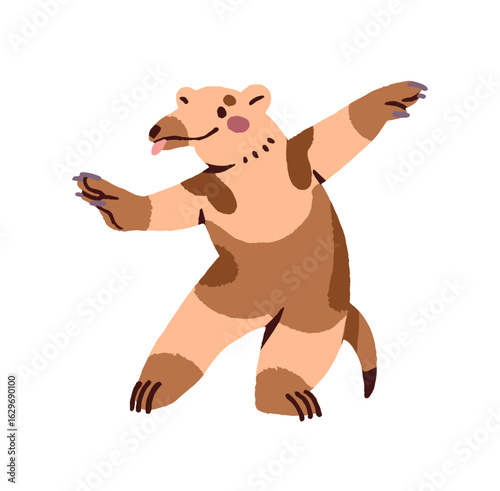 Happy anteater dances. Funny anthropomorphic animal celebrates winning and rejoices at success. Cute character moves and has fun with music. Flat isolated vector illustration on white background