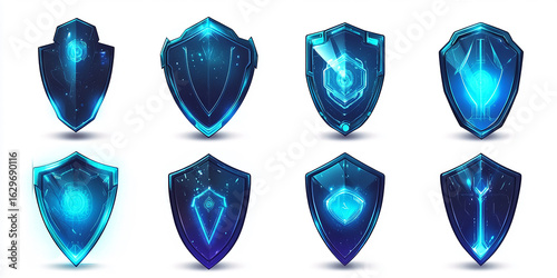 Set of futuristic blue holographic shield icons on a white background
