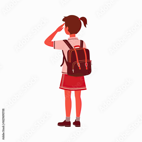 A classic and charming cartoon illustration of a schoolgirl from behind, wearing a uniform and backpack while saluting, perfect for back-to-school and educational themes.
