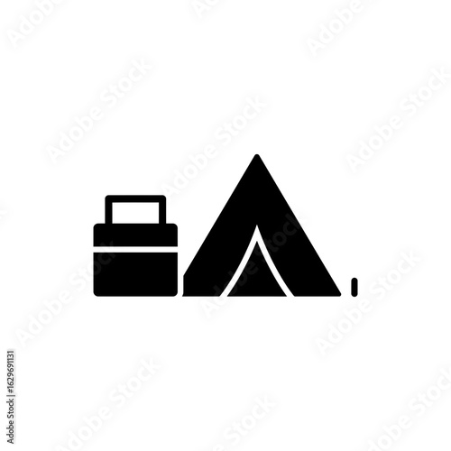  Icebox next to tent black filled icon symbol of camping refreshment and outdoor holiday stay