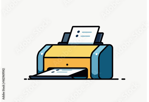 A modern and detailed flat design illustration of an office printer with paper, a clean and stylish vector for business, technology, and workplace concepts.
