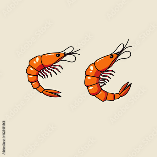 A classic and detailed cartoon illustration of two cooked orange shrimps, a perfect hand-drawn design for seafood menus, restaurant branding, and food packaging.
