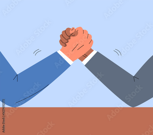 Two businessmen arm wrestling as a metaphor of business competition and rivalry. Conceptual flat vector illustration showing conflict, struggle, and challenge in corporate environment