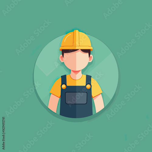 A clean and modern flat design icon of a construction worker, featuring a faceless character bust in a hard hat and overalls, perfect for professional profiles.
