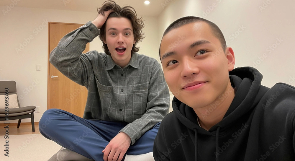 Fototapeta premium Two young men, one with long hair looking surprised and another with a shaved head smiling, take a selfie indoors. Represents friendship, casual moments, and youth. 