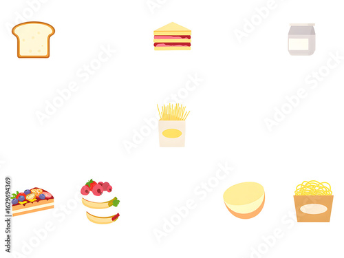 Variety of Cartoon Fruits, Vegetables, Dairy, and Snacks Illustrations on White Background. Collection of colorful cartoon illustrations depicting various foods, including fruits, vegetables.