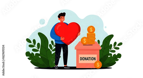 Cartoon Man Holding Red Heart Near Donation Box with Coins