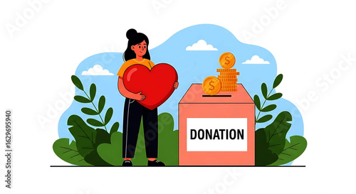 Woman Holding Red Heart Near Donation Box with Coins, Charity Concept