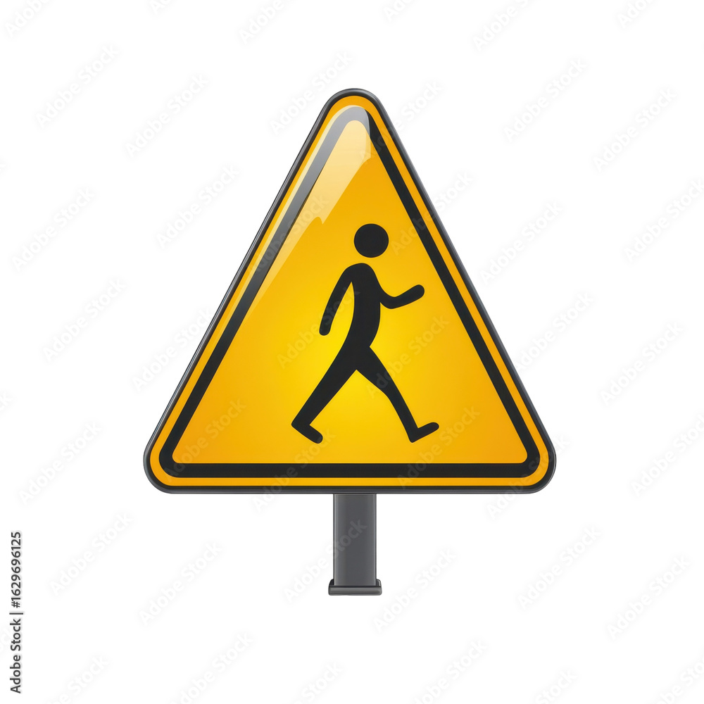 Yellow triangular pedestrian crossing sign, caution symbol for safety awareness, road safety and traffic regulations on transparent background Yellow triangular pedestrian crossing sign, caution symbol for safety awareness, road safety and traffic regulations on transparent background
