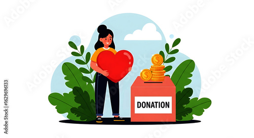 Smiling Woman Holding Large Red Heart, Donating to Charity Box