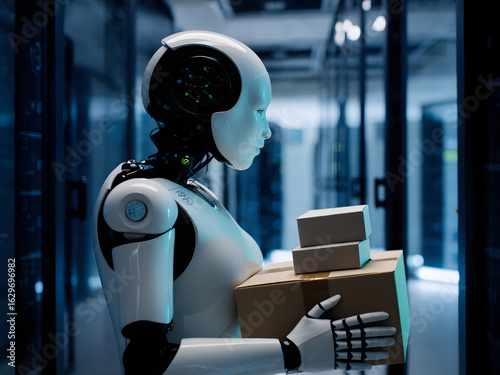 Advanced Robot Carrying Packages in a Futuristic Technology Facility. A humanoid robot transports cardboard packages in a modern, high-tech facility, symbolizing automation and advanced AI development