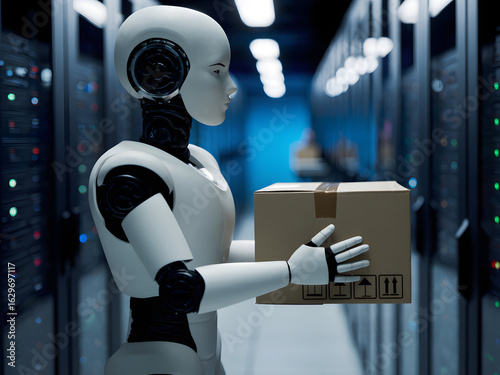 Advanced Robot Carrying Packages in a Futuristic Technology Facility. A humanoid robot transports cardboard packages in a modern, high-tech facility, symbolizing automation and advanced AI development
