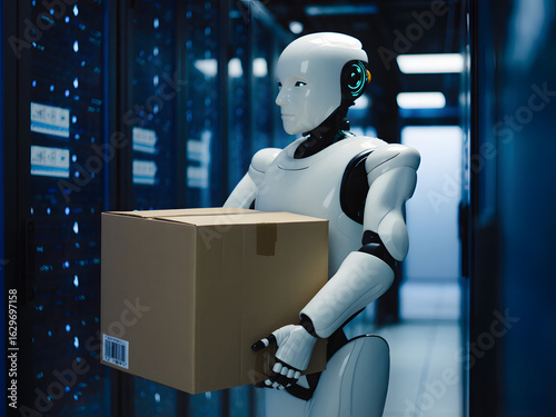 Advanced Robot Carrying Packages in a Futuristic Technology Facility. A humanoid robot transports cardboard packages in a modern, high-tech facility, symbolizing automation and advanced AI development