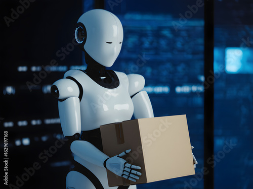 Advanced Robot Carrying Packages in a Futuristic Technology Facility. A humanoid robot transports cardboard packages in a modern, high-tech facility, symbolizing automation and advanced AI development