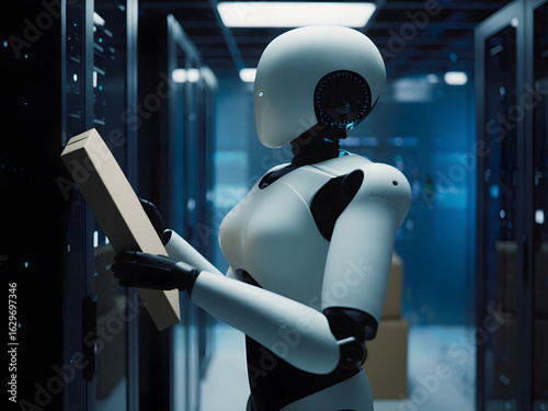 Advanced Robot Carrying Packages in a Futuristic Technology Facility. A humanoid robot transports cardboard packages in a modern, high-tech facility, symbolizing automation and advanced AI development