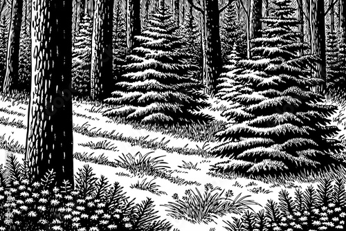 Subalpine forest with small conifers and alpine flowers, black and white line art illustration