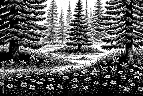 Subalpine forest with small conifers and alpine flowers, black and white line art illustration