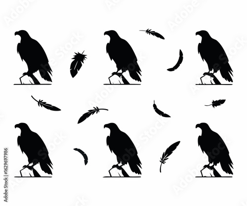 Perched Eagle Silhouettes with Falling Feathers Clean Black Designs on White Background