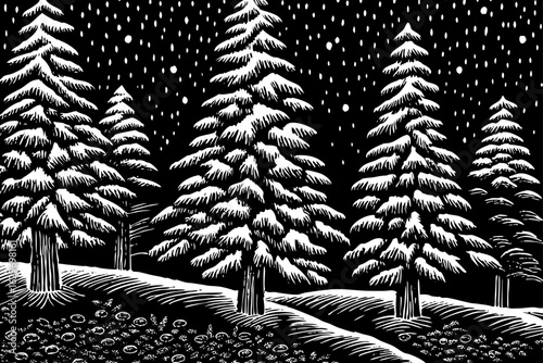 Subalpine forest with small conifers and alpine flowers, black and white line art illustration