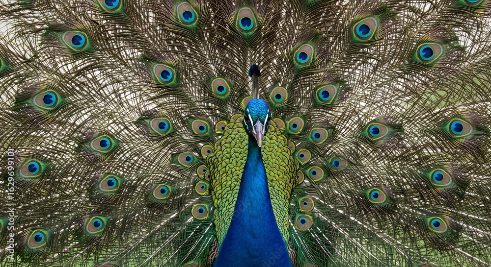 Naklejka premium Majestic peacock displays vibrant iridescent plumage in soft sunlight. AI Generated