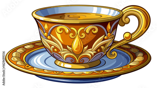 
An ornate teacup with gold accents filled with hot tea rests on saucer.