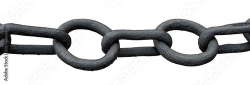 Long black metal chain on a white background. Chain links close up