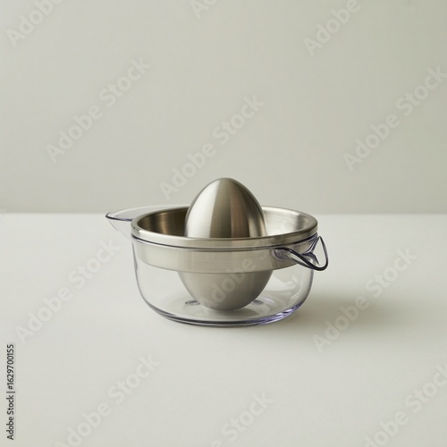 Stainless Steel Citrus Juicer with Clear Plastic Base on Neutral Background