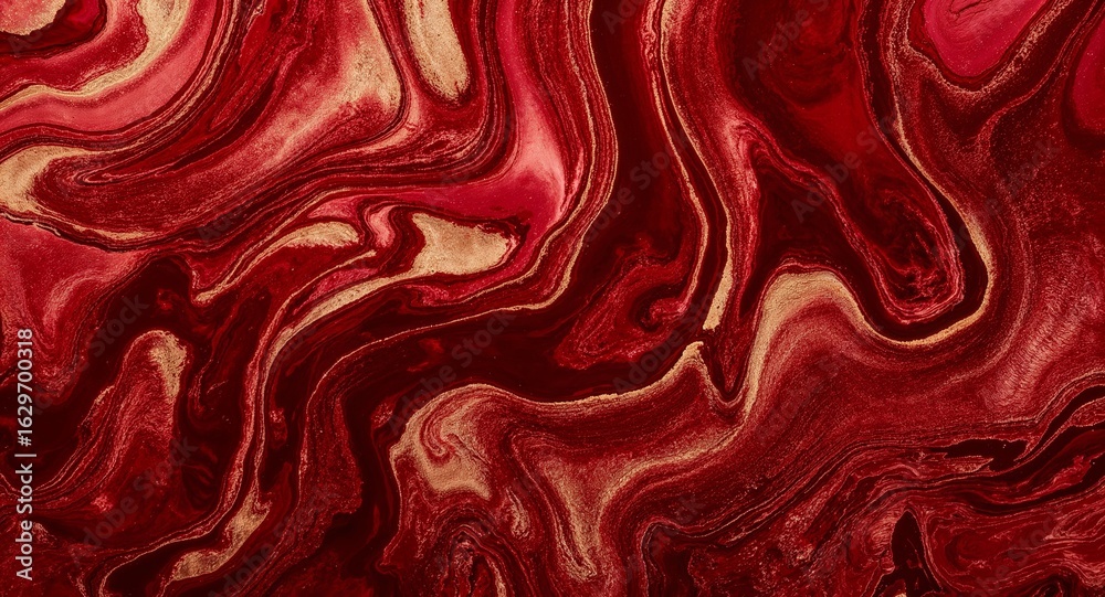 Fototapeta premium Luxurious Red and Gold Marbled Fluid Art Background with Shimmering Waves