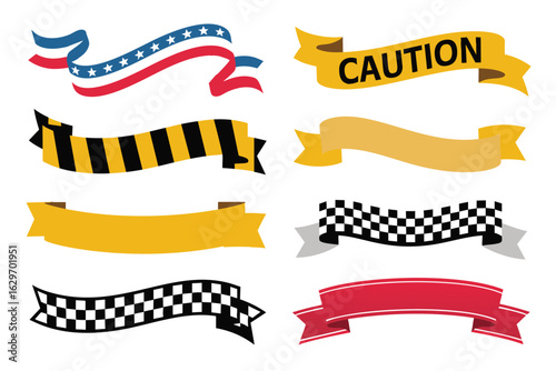 Collection of Eight Varied Ribbon Banners Patriotic Caution Racing and Blank Designs